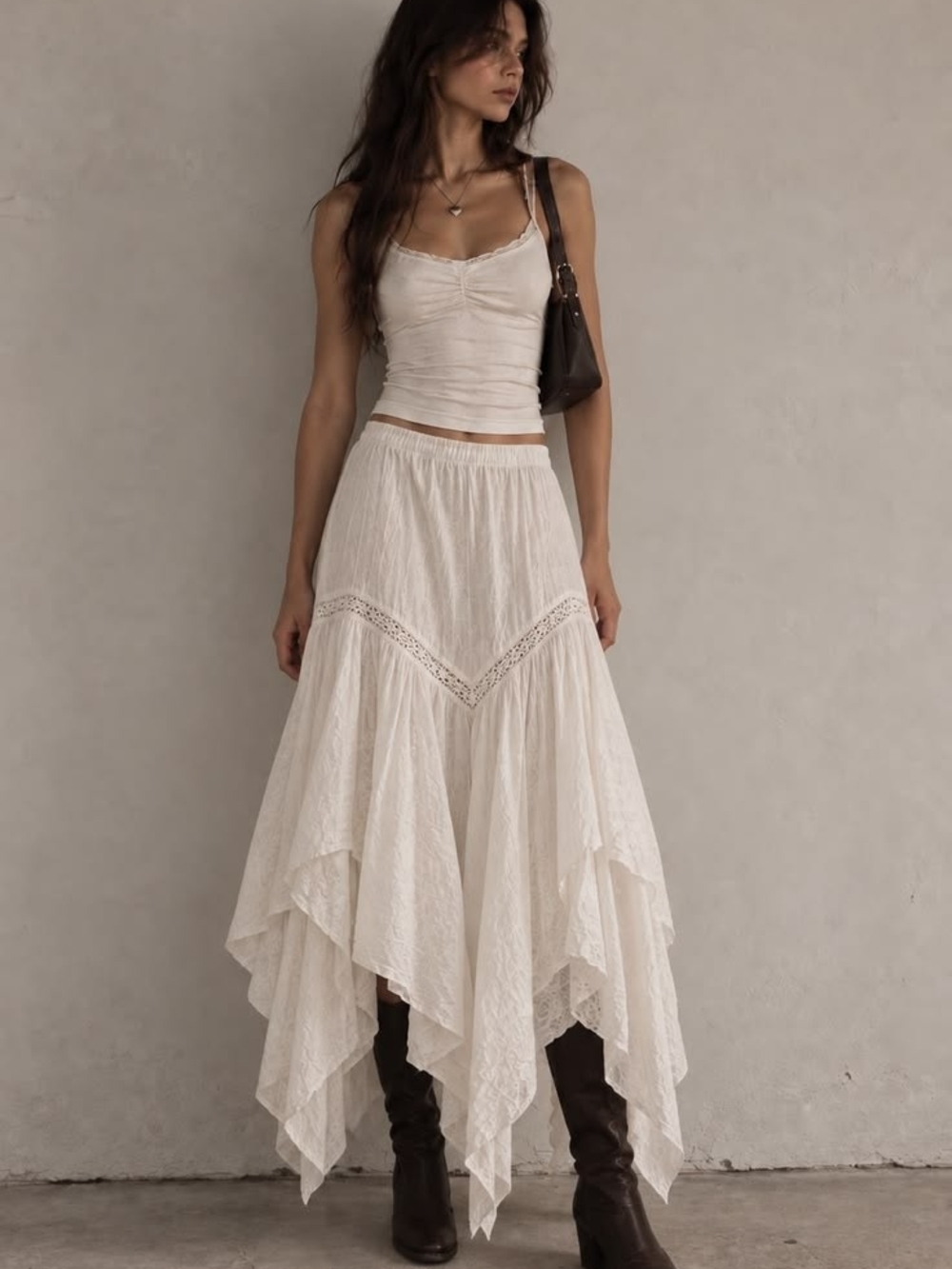 Bohemian Handkerchief Hem Maxi Skirt in Ivory